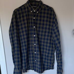 Express Men's Navy and Olive Plaid Shirt